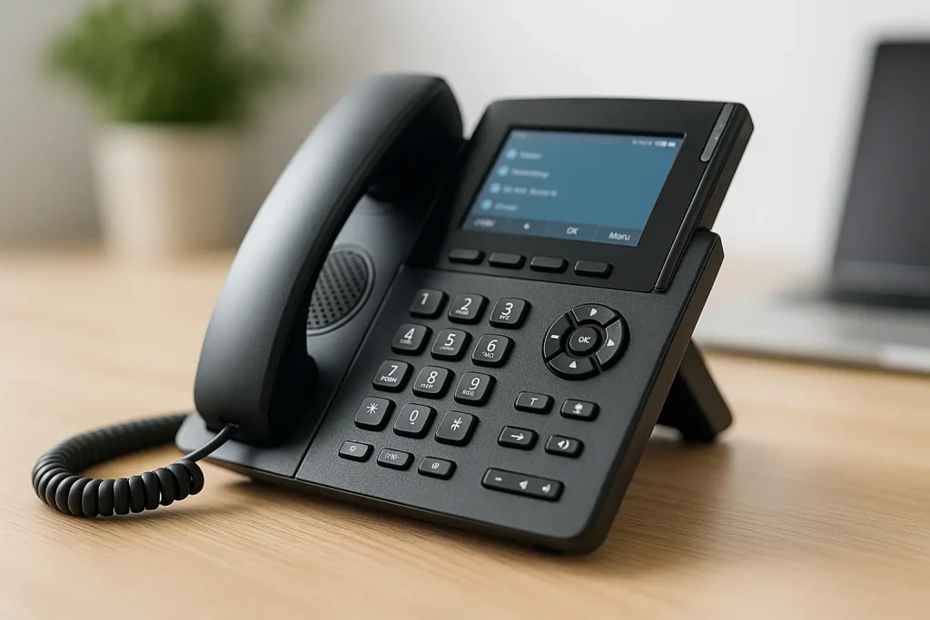 Close-up of best VoIP for small business desk phone on wooden desk